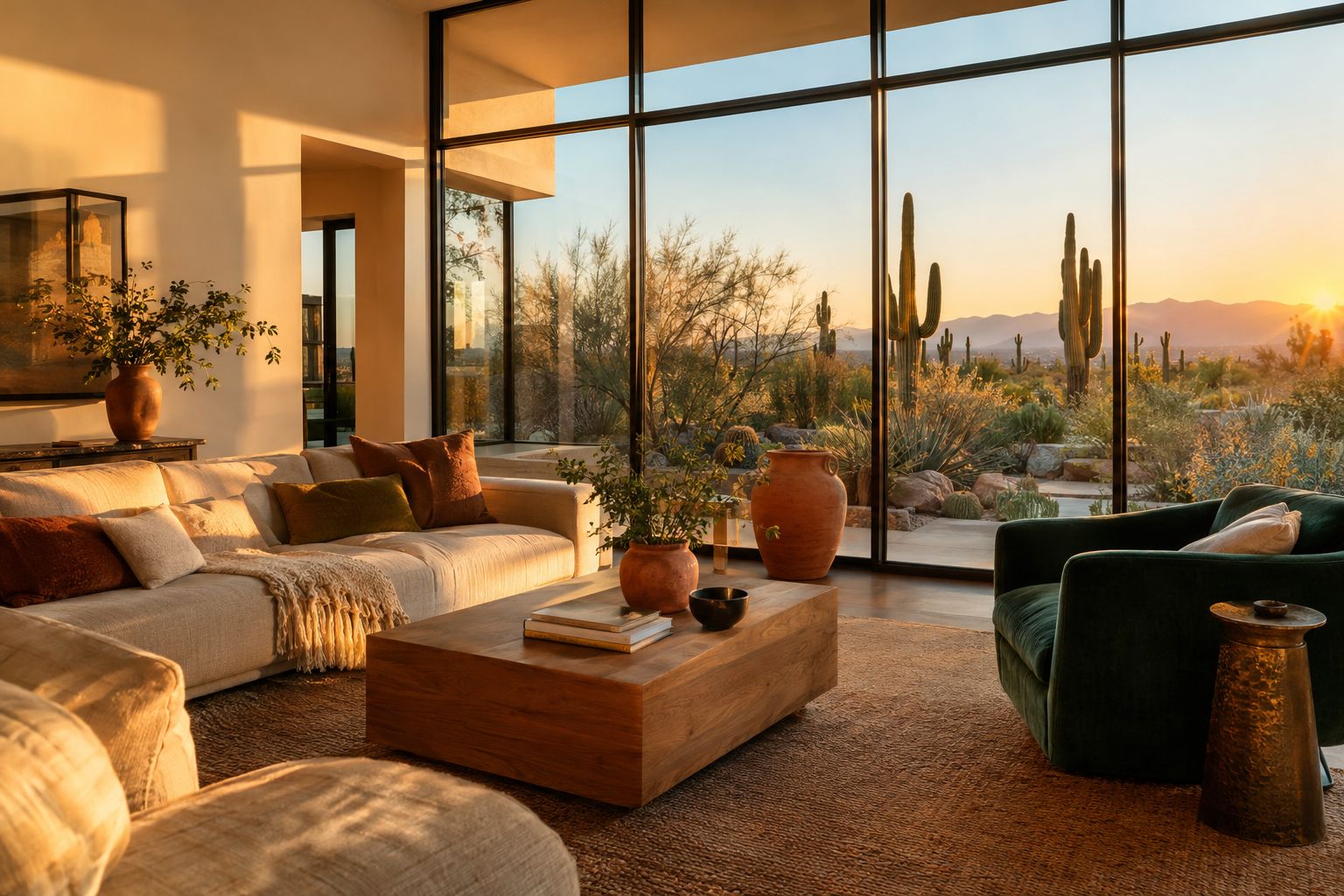 Bright modern Phoenix living room with desert views